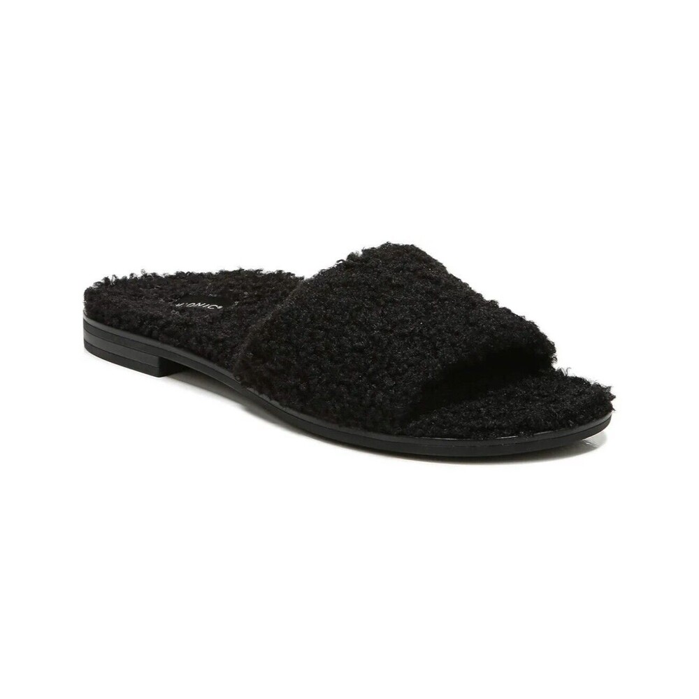 Vionic Demi Black Curly Shear Slip-On Flats Orthotic Sandals Women's Sz 11 New!